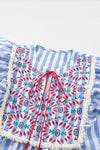 Hazel Blues® |  Embroidered Tassel Striped Tie Neck Blouse