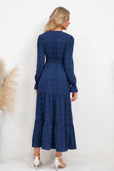 Hazel Blues® |  Swiss Dot Tied Surplice Flounce Sleeve Dress