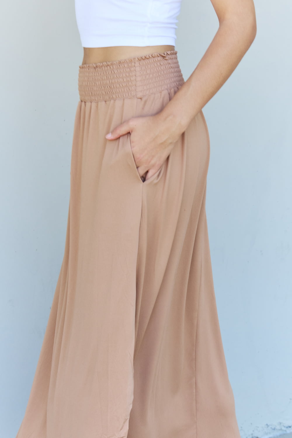 Hazel Blues® |  Doublju Comfort Princess High Waist Scoop Hem Maxi Skirt in Tan