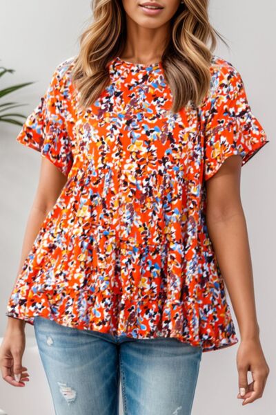 Hazel Blues® | Floral Round Neck Tiered Blouse