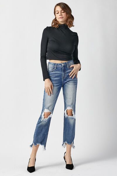 Hazel Blues® |  RISEN High Waist Distressed Frayed Hem Cropped Straight Jeans