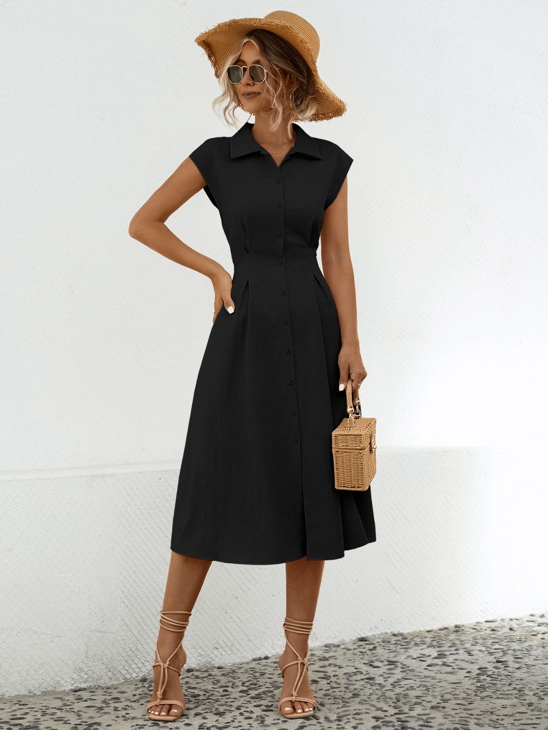 Hazel Blues® |  Button Up Cap Sleeve Midi Dress