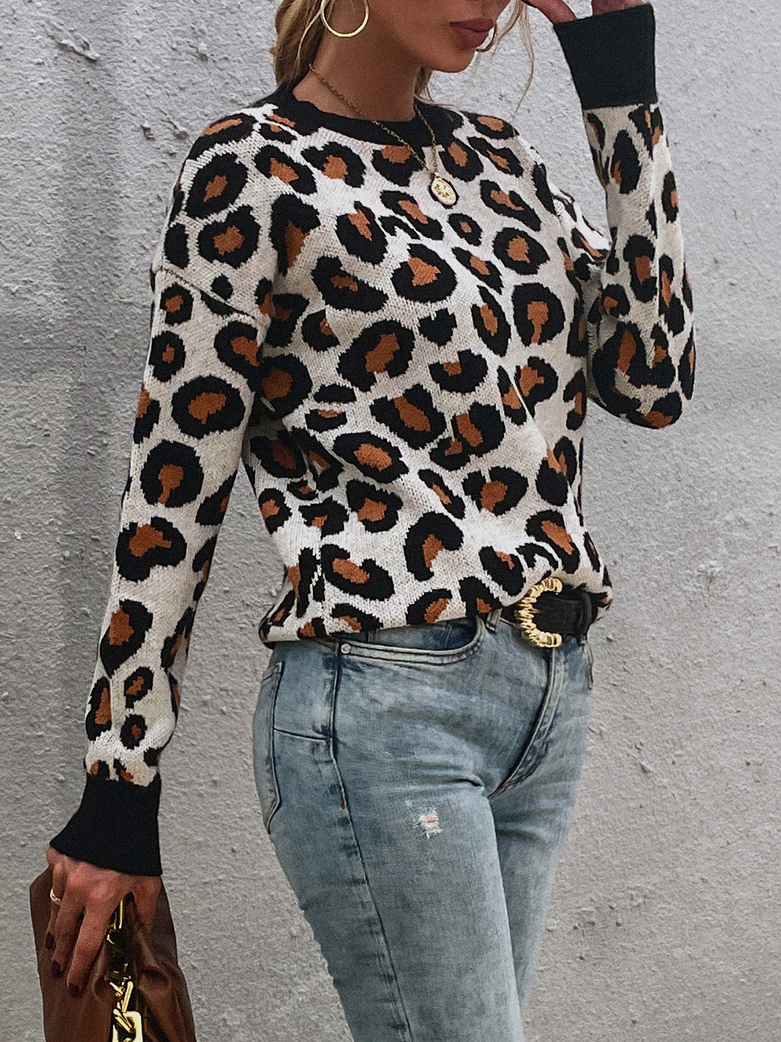 Hazel Blues® |  Leopard Round Neck Dropped Shoulder Sweater