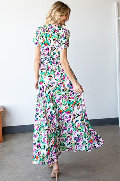 floral print short sleeve tie waist maxi dress ONLINE EXCLUSIVE Slit Printed Surplice Tie Waist Short Sleeve Dress MULTI / S