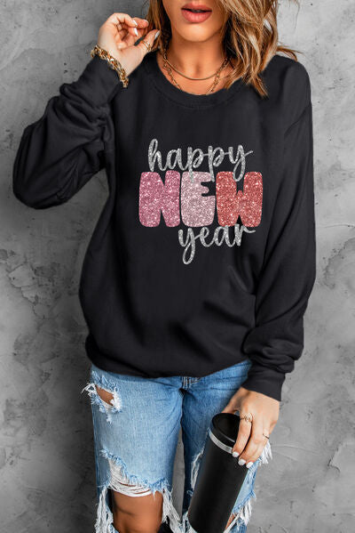 Hazel Blues® |  HAPPY NEW YEAR Round Neck Sweatshirt