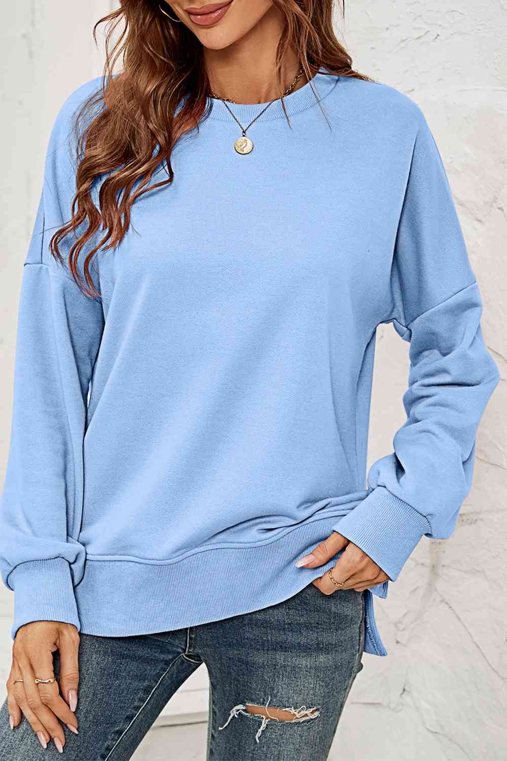 Hazel Blues® |  Round Neck  Dropped Shoulder Slit Sweatshirt