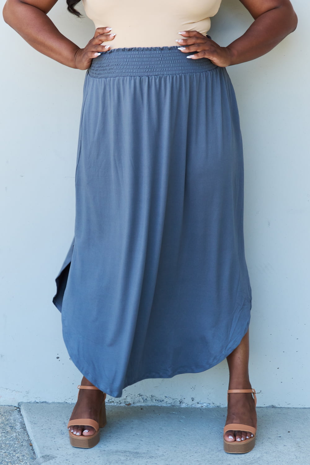 Hazel Blues® |  Doublju Comfort Princess High Waist Scoop Hem Maxi Skirt in Dusty Blue