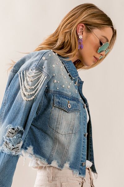 Hazel Blues® |  BiBi Pearl Detail Distressed Cropped Denim Jacket