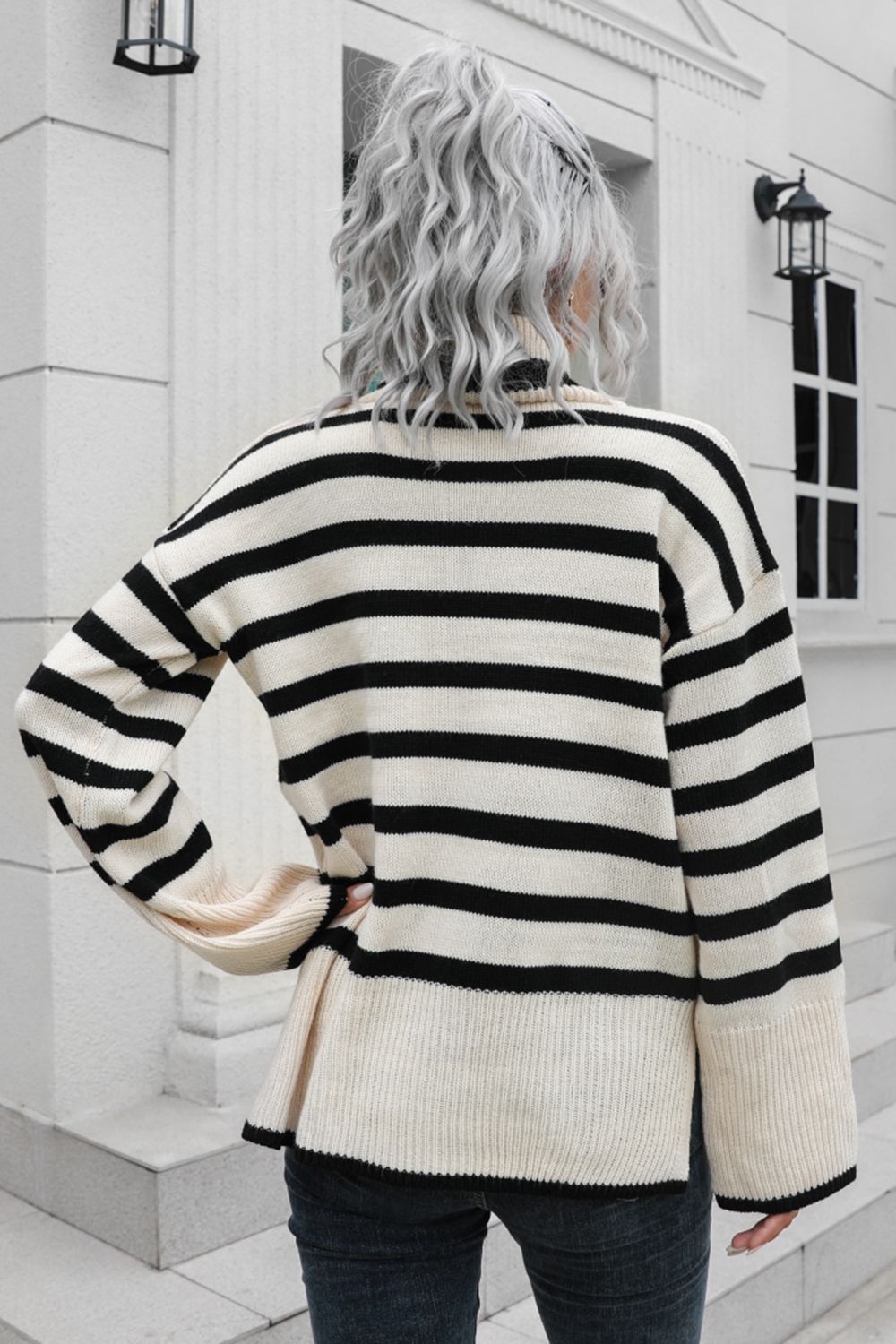 Hazel Blues® |  Striped Turtleneck Drop Shoulder Sweater