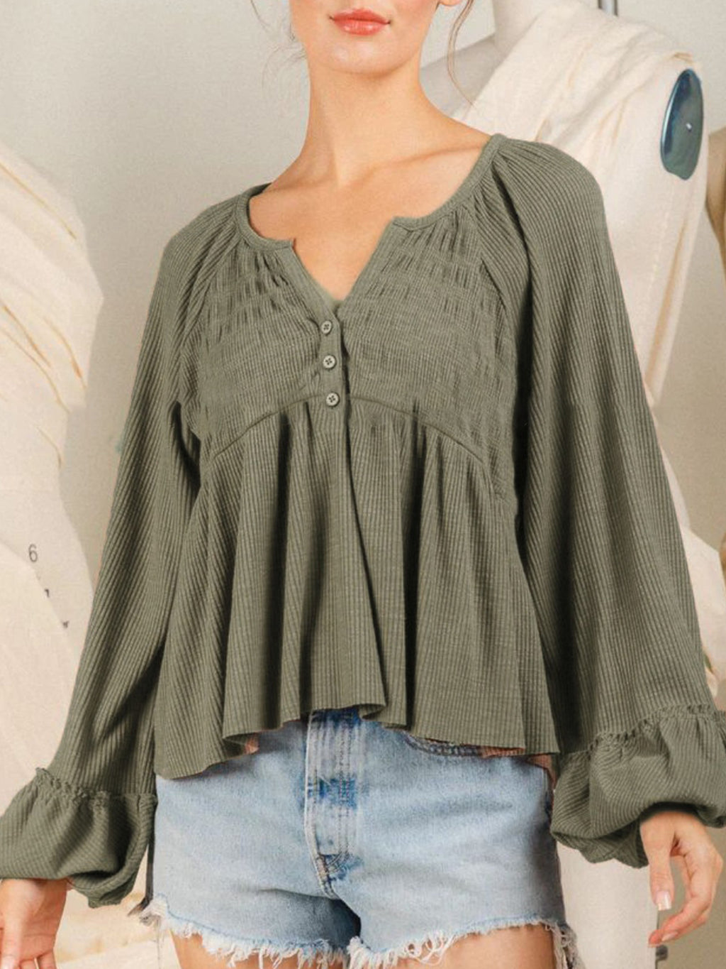 Hazel Blues® |  Notched Balloon Sleeve Peplum Blouse