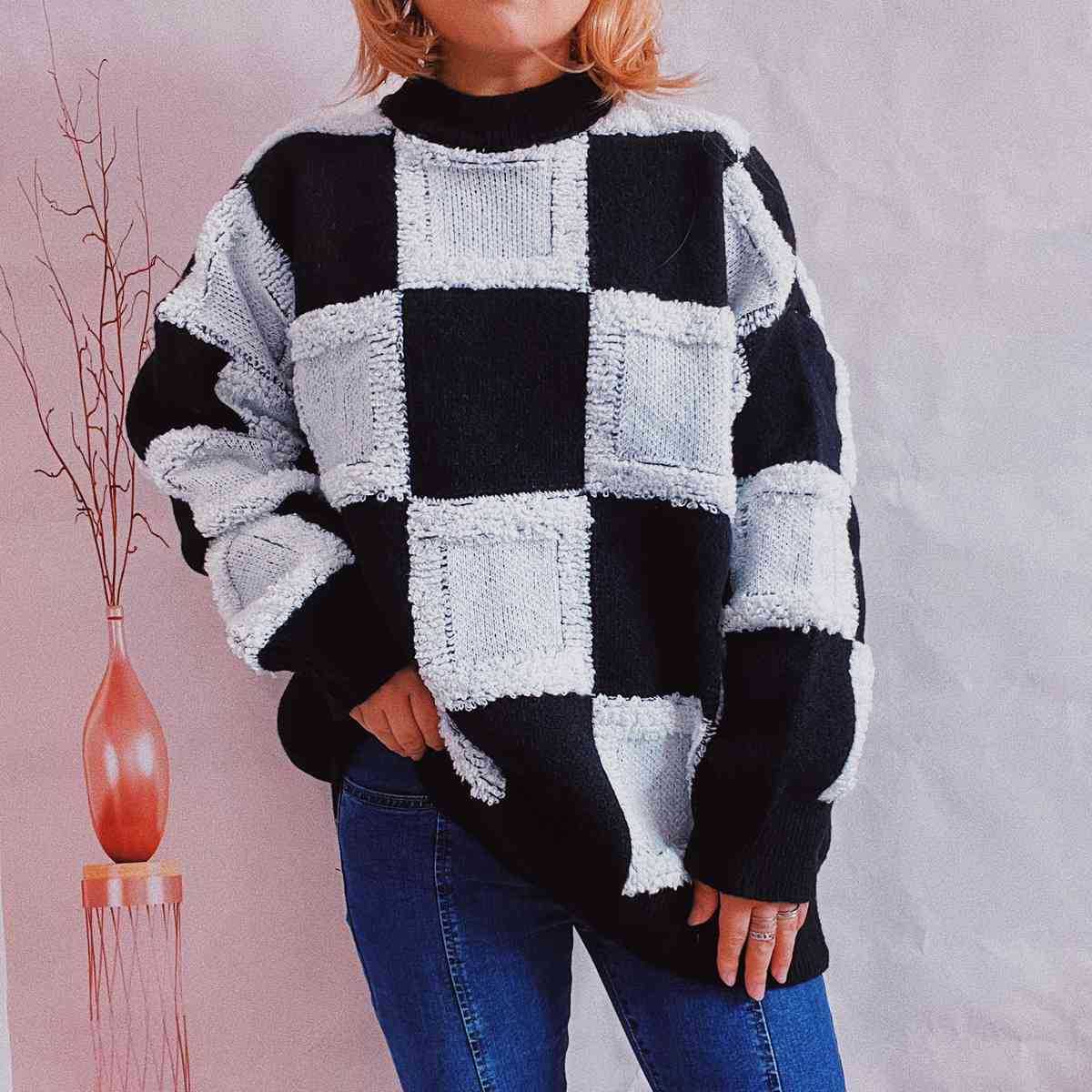 Hazel Blues® |  Checkered Round Neck Long Sleeve Sweater