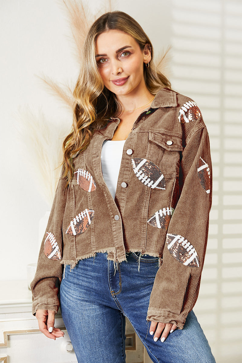 Hazel Blues® | PREORDER Sequin Football Patch Raw Hem Jacket