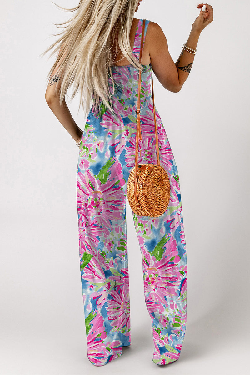 Hazel Blues® |  Floral Smocked Square Neck Jumpsuit with Pockets