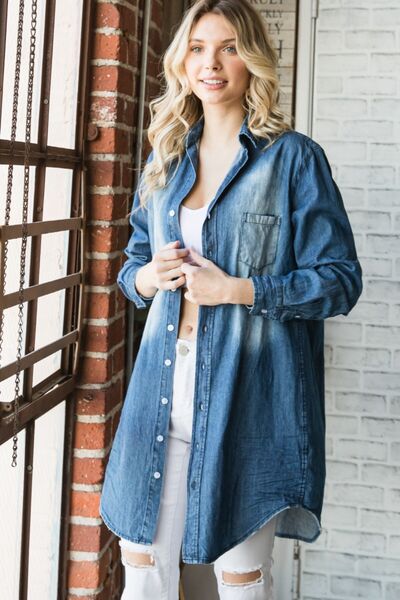 Hazel Blues® |  Veveret Pocketed Button Up Washed Denim Shirt