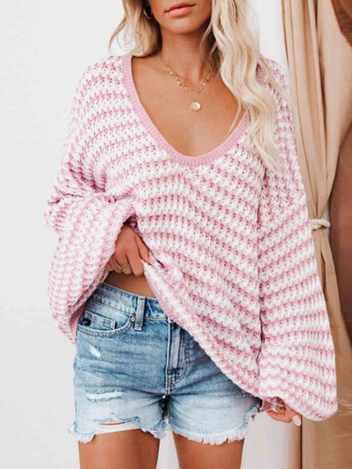 Hazel Blues® |  Striped Drop Shoulder V-Neck Sweater