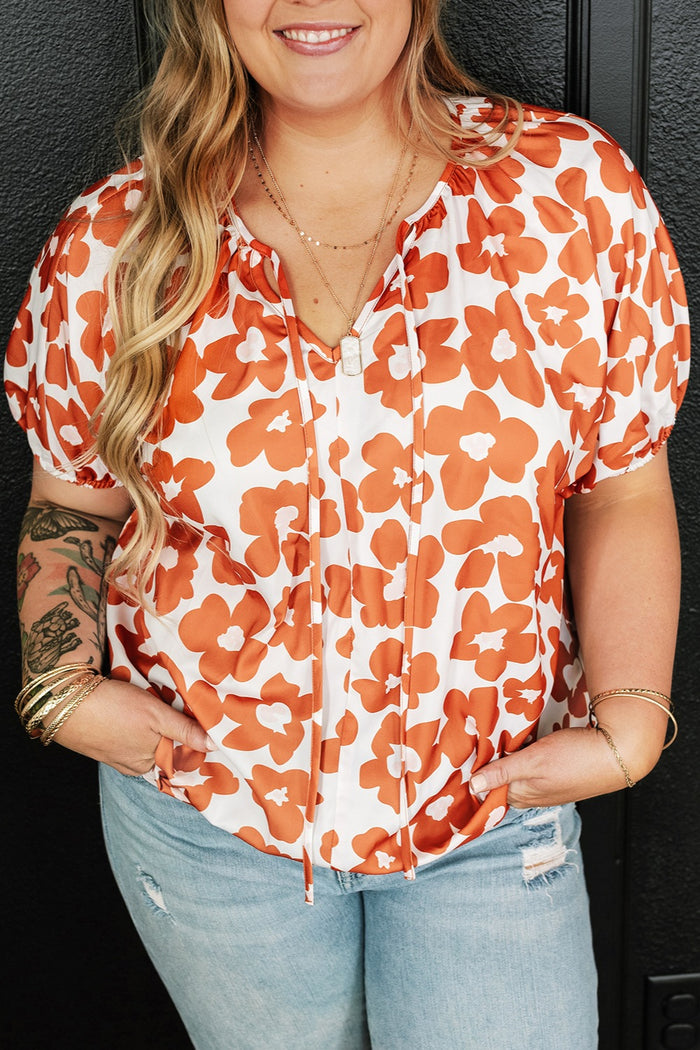 Hazel Blues® | Printed Tie Neck Short Sleeve Blouse