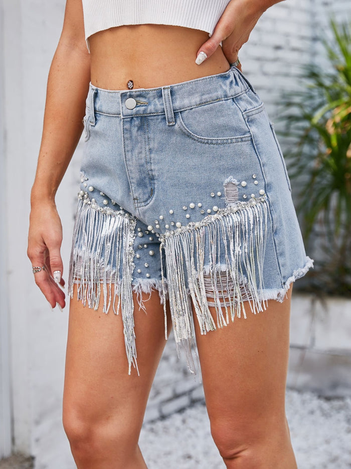 Hazel Blues® |  Distressed Pearl Trim Denim Shorts with Pockets