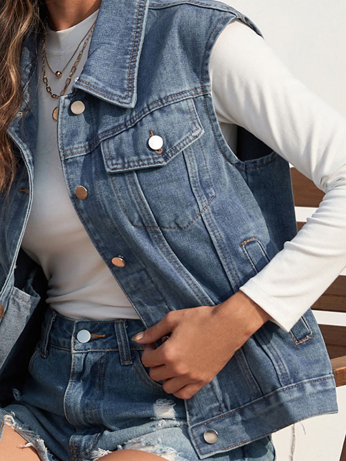 Hazel Blues® |  Collared Neck Sleeveless Denim Jacket