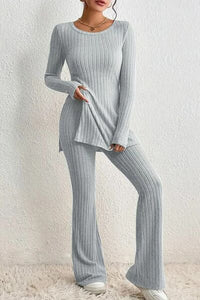 Hazel Blues® |  Ribbed Long Sleeve Slit Top and Bootcut Pants Set