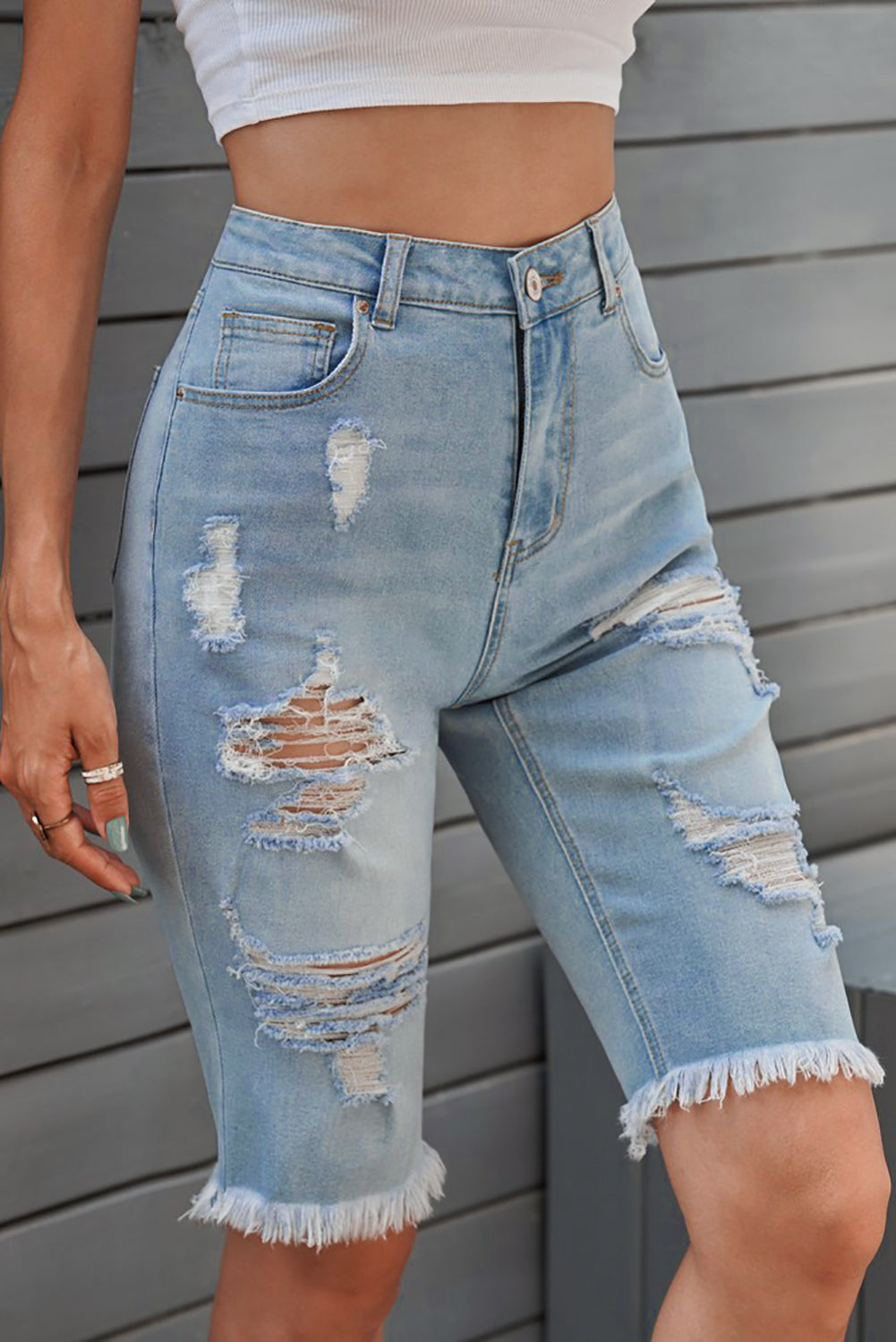 Hazel Blues® |  Distressed Raw Hem Denim Bermuda Shorts