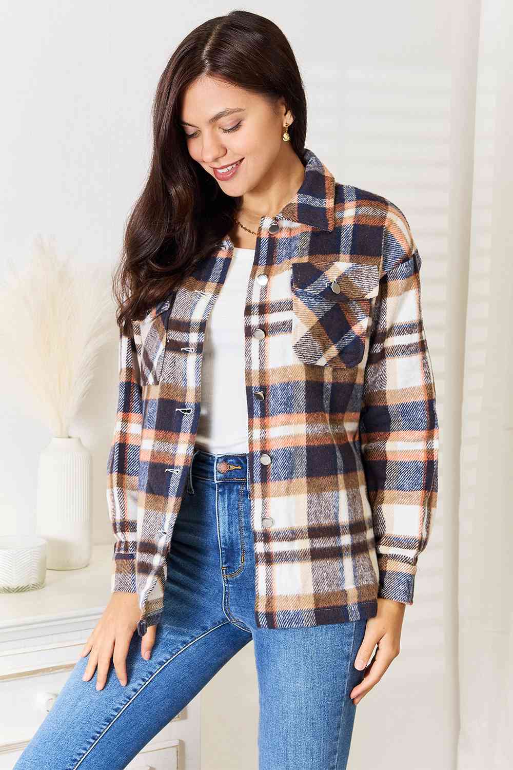 Hazel Blues® |  Double Take Plaid Button Front Shirt Jacket with Breast Pockets