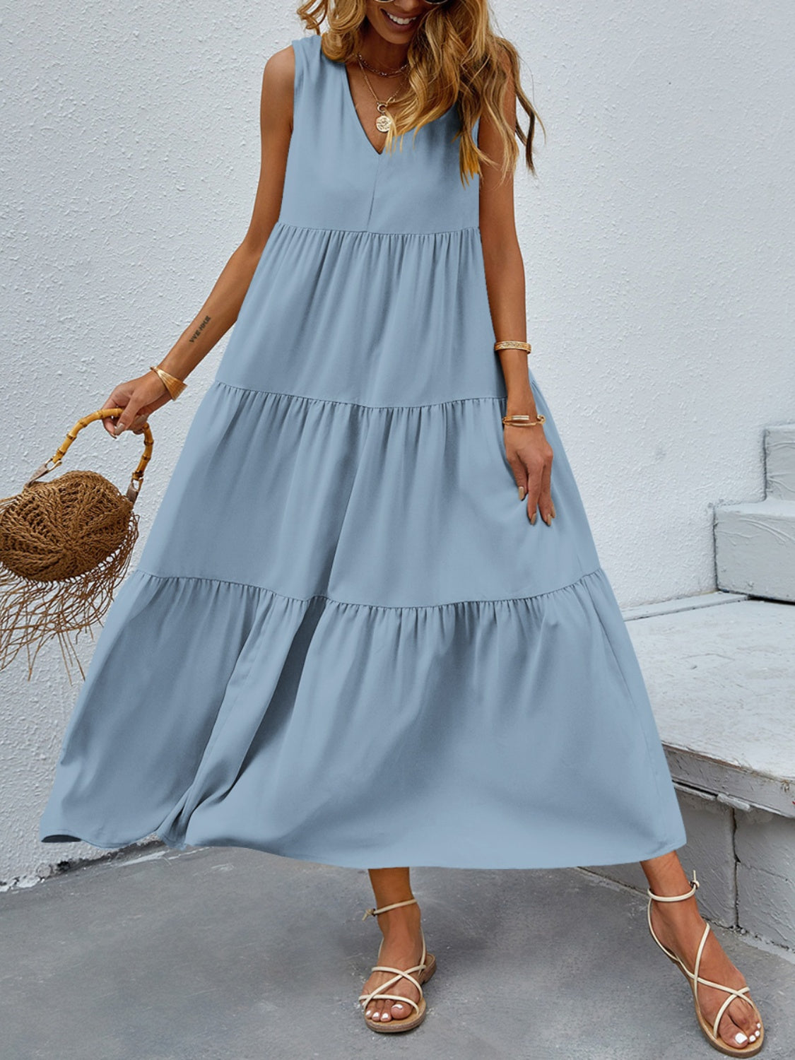 Hazel Blues® |  Tiered V-Neck Sleeve Dress