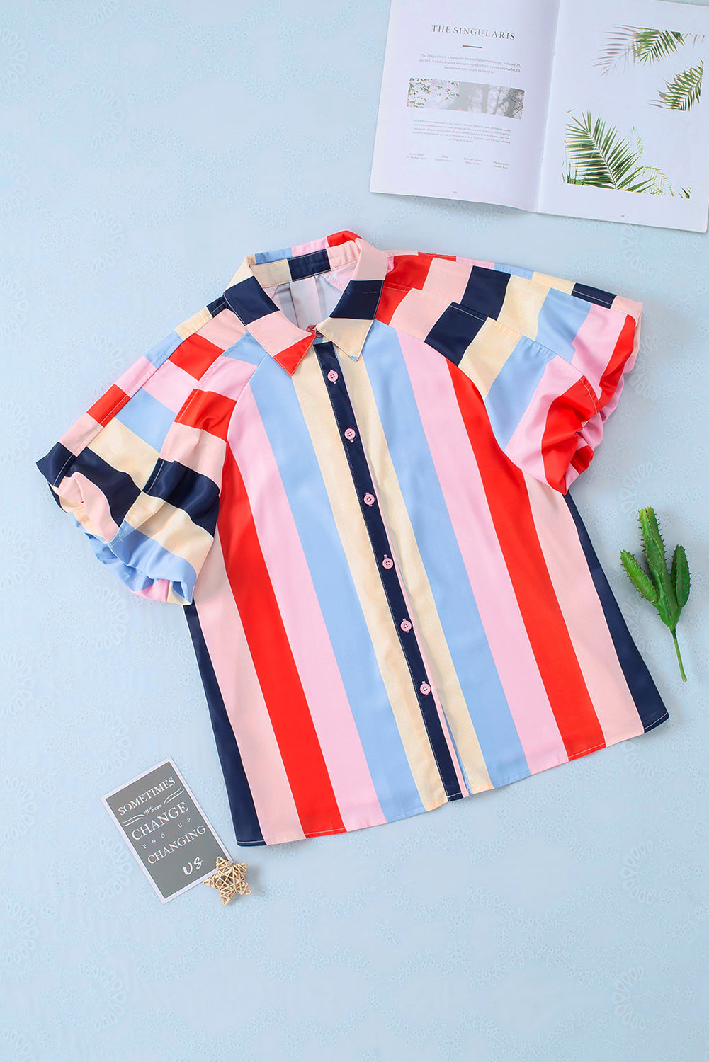 Hazel Blues® |  Color Block Button Up Balloon Sleeve Shirt