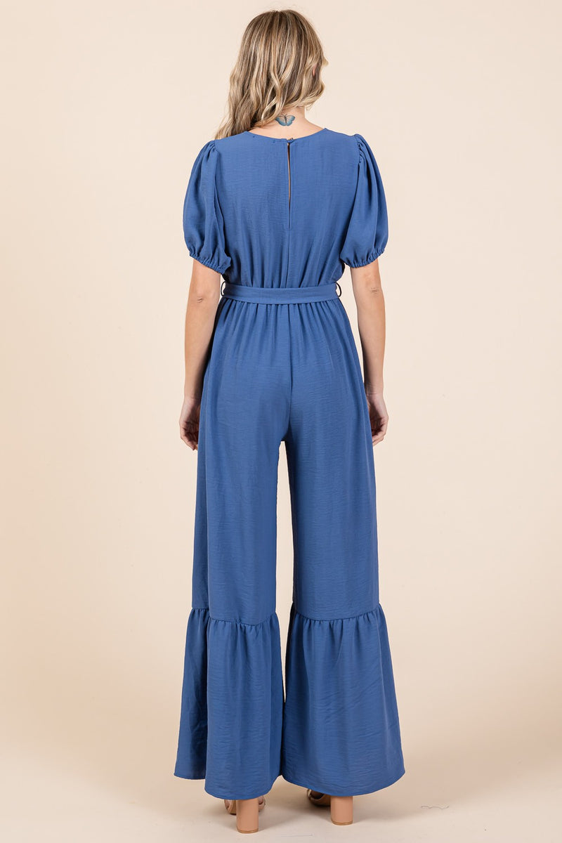 Hazel Blues® |  GeeGee V-Neck Belted Wide Leg Jumpsuit