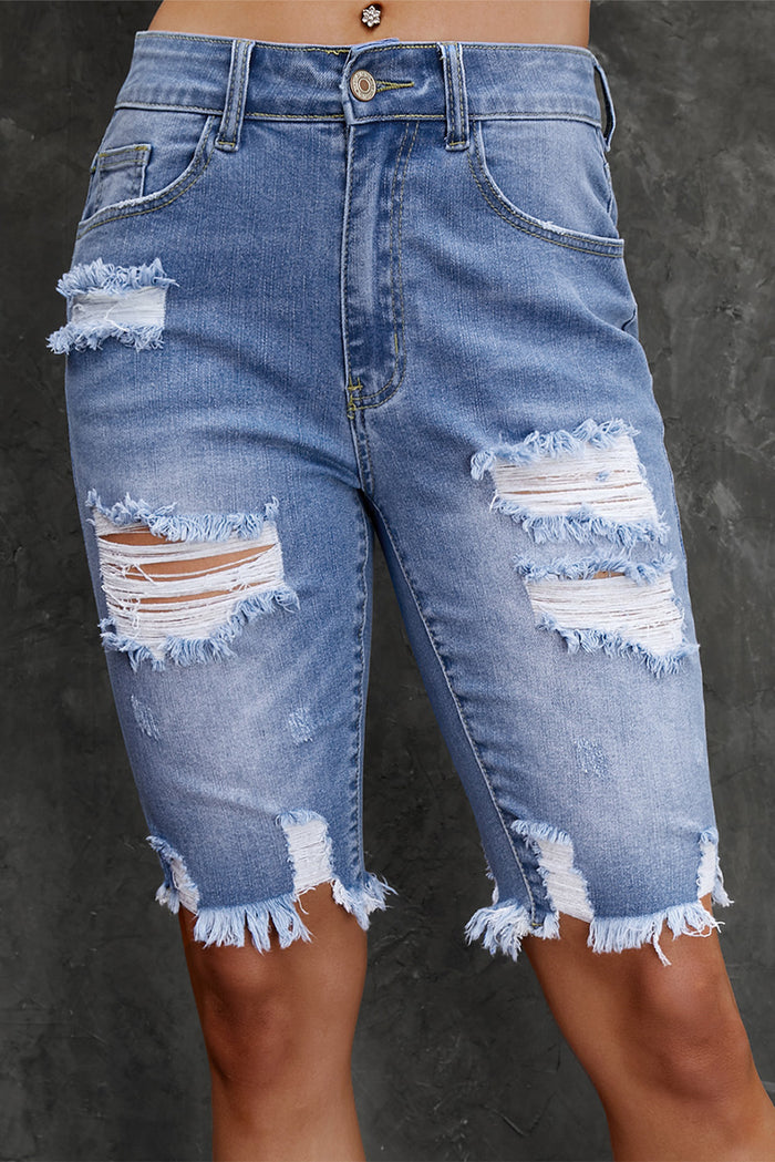 Hazel Blues® |  Distressed Frayed Hem Denim Bermuda Shorts