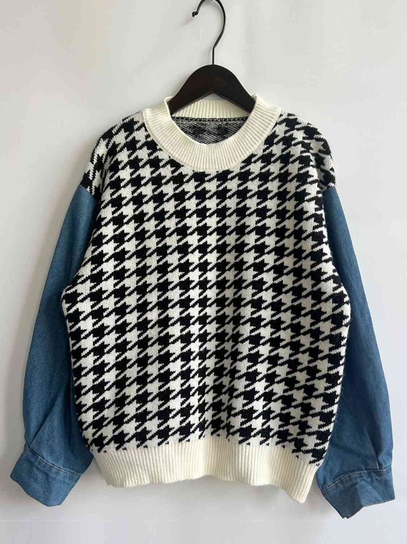 Hazel Blues® |  Houndstooth Denim Sleeve Sweater