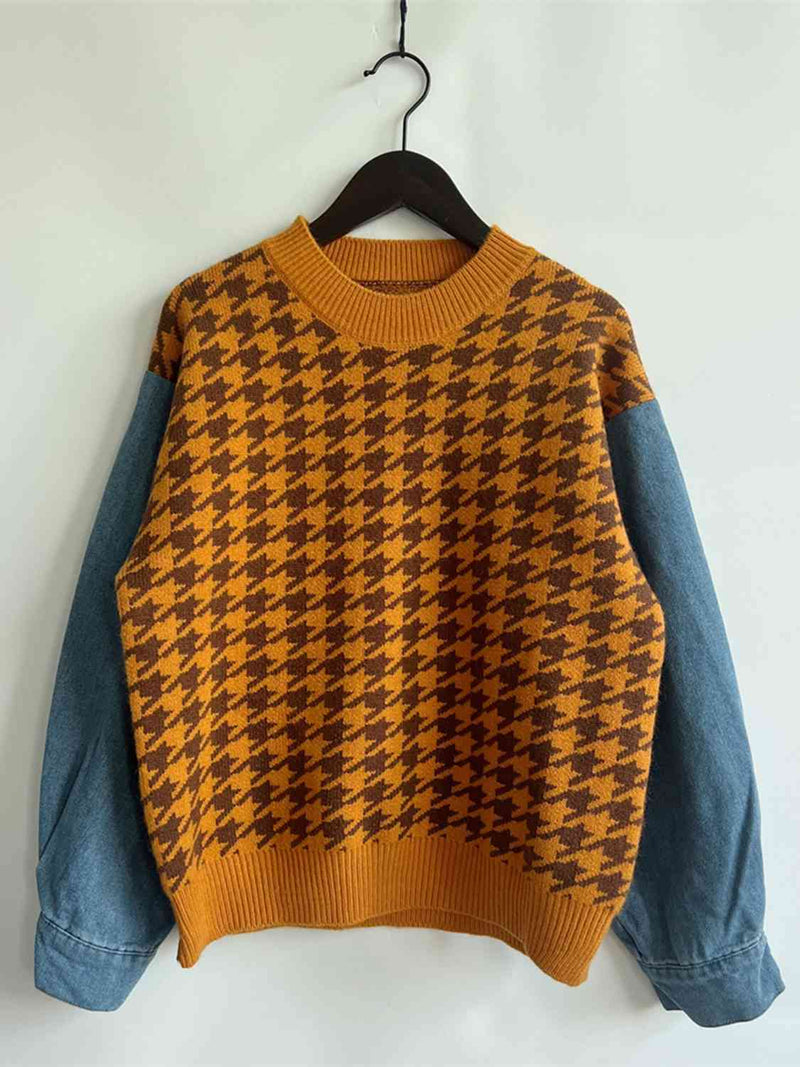 Hazel Blues® |  Houndstooth Denim Sleeve Sweater