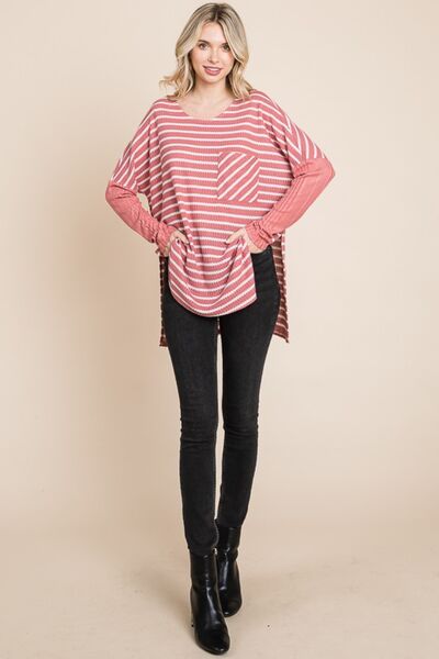 Hazel Blues® |  Culture Code Oversize Striped Round Neck Long Sleeve Slit T-Shirt