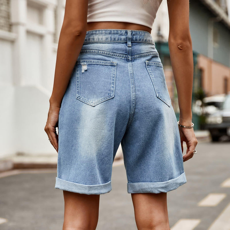 Hazel Blues® | Distressed Buttoned Denim Shorts with Pockets - Hazel Blues®