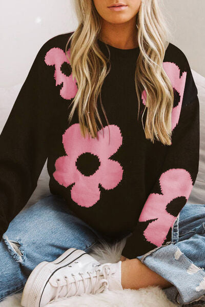 Hazel Blues® |  Round Neck Floral Pattern Color Contrast  Design Long Sleeve Sweater