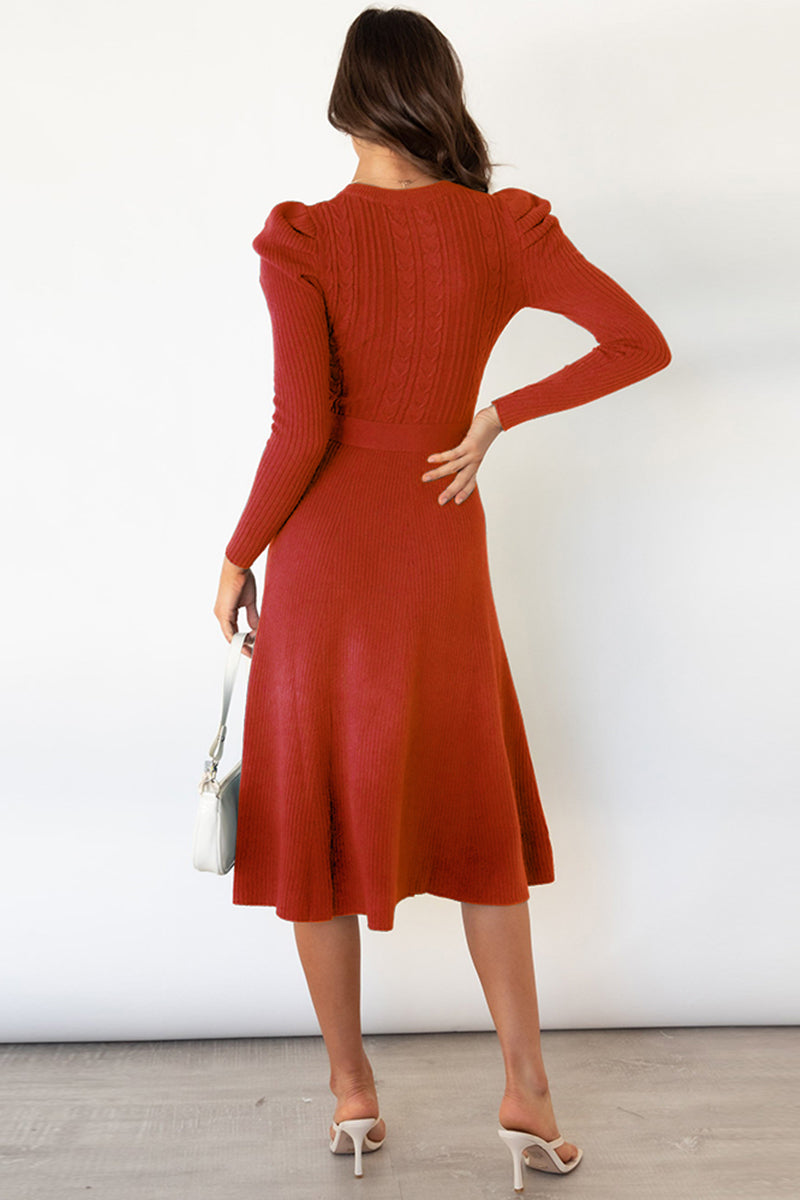 Round-Neck Long-Sleeve Tie Waist Sweater Dress