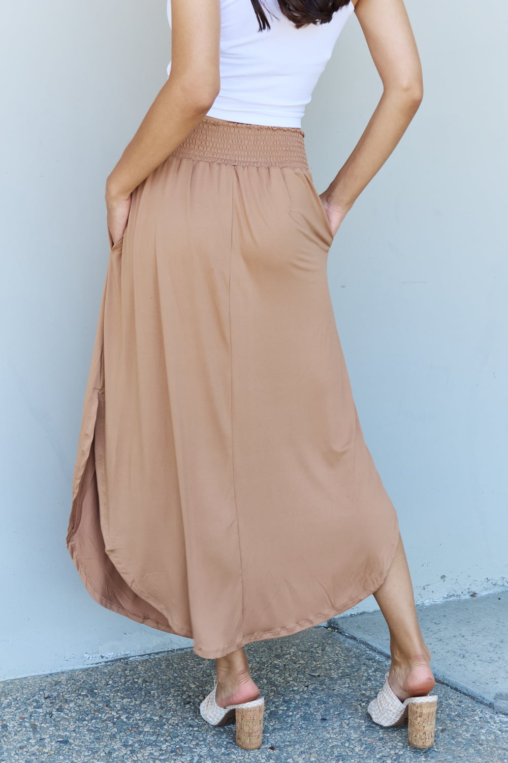 Hazel Blues® |  Doublju Comfort Princess High Waist Scoop Hem Maxi Skirt in Tan