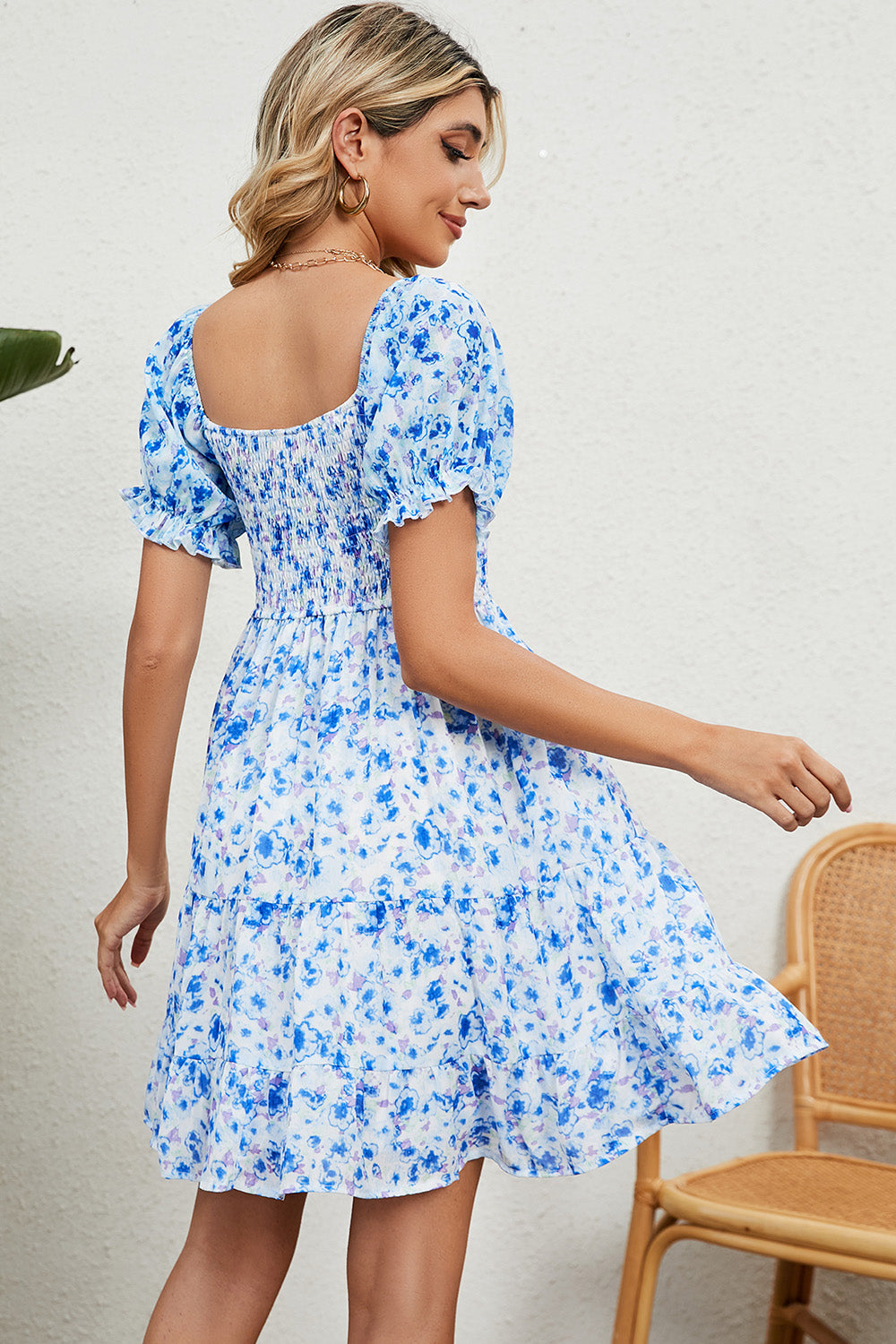 Hazel Blues® |  Smocked Printed Flounce Sleeve Mini Dress