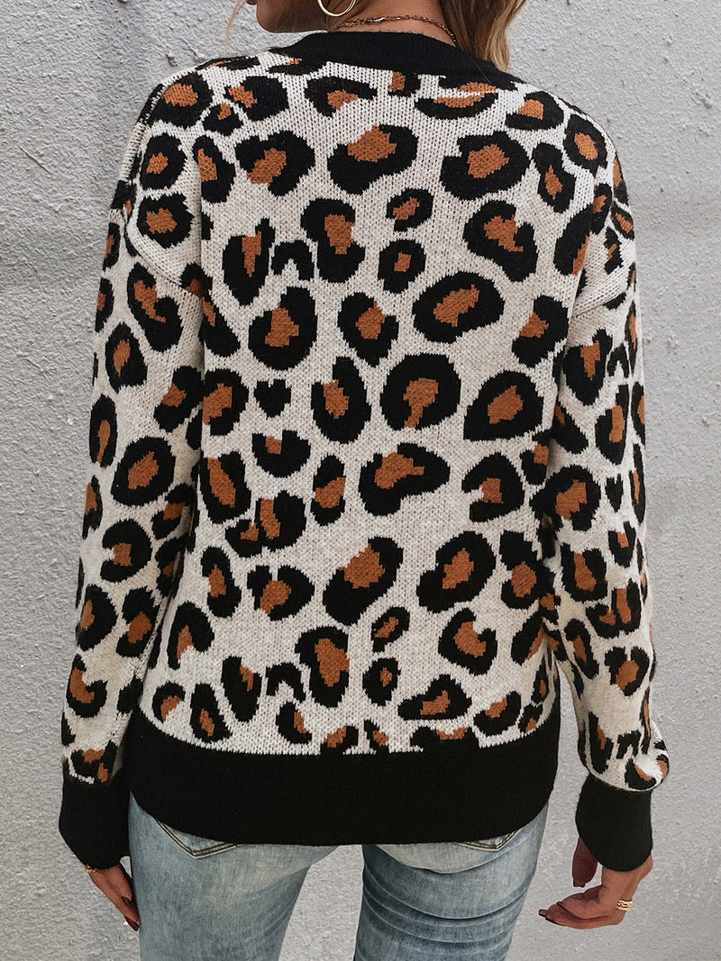 Hazel Blues® |  Leopard Round Neck Dropped Shoulder Sweater