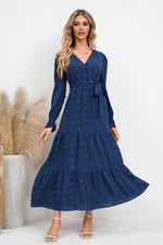 Hazel Blues® |  Swiss Dot Tied Surplice Flounce Sleeve Dress