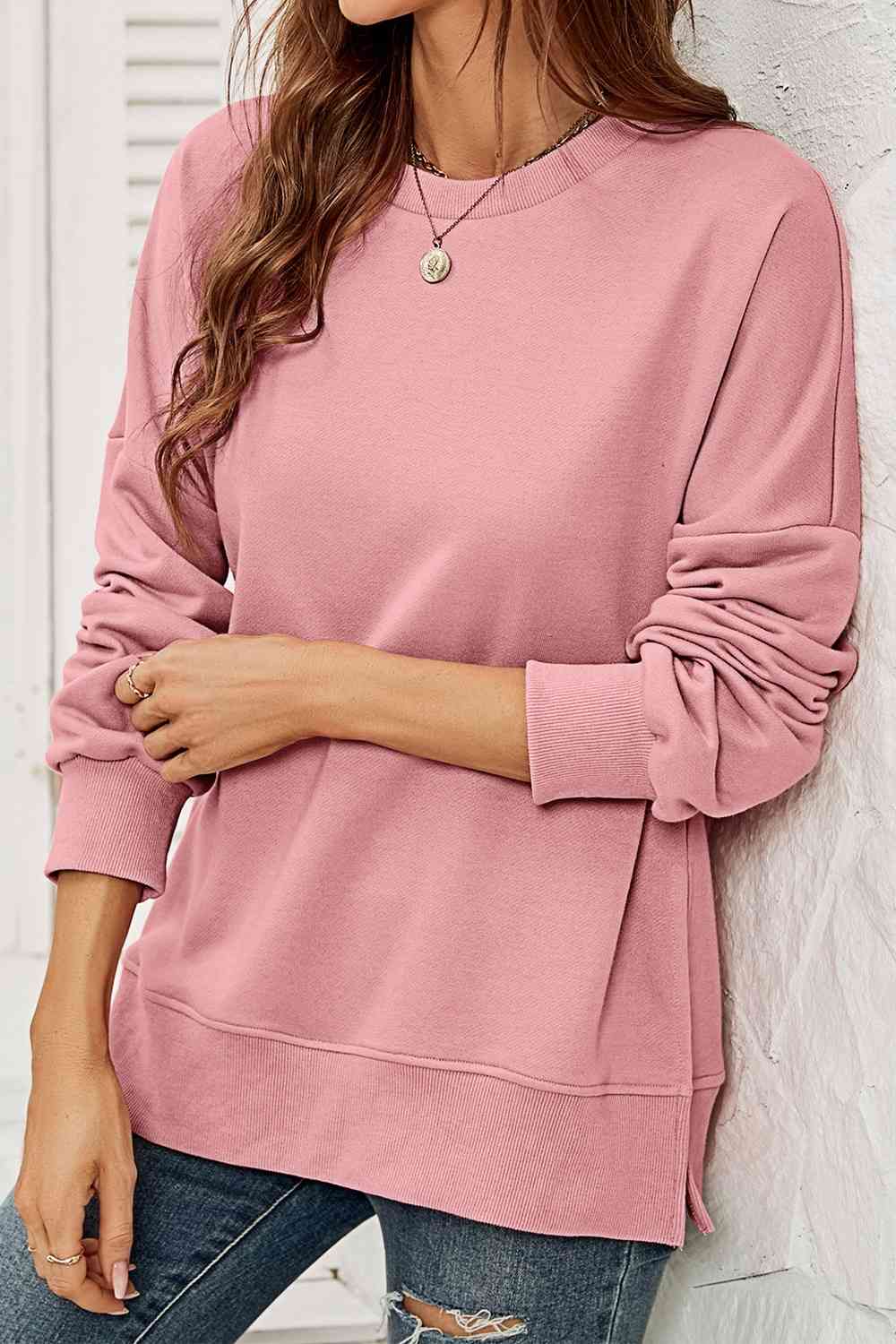 Hazel Blues® |  Round Neck  Dropped Shoulder Slit Sweatshirt