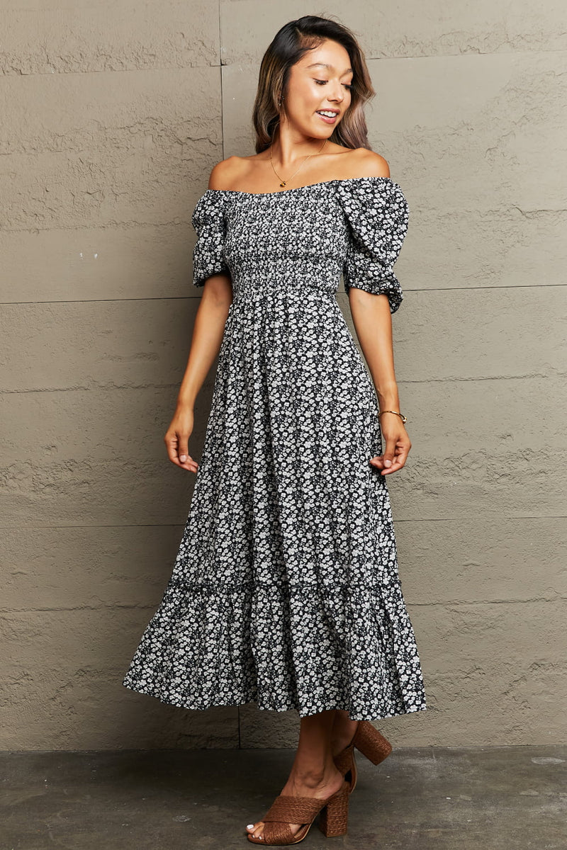 Hazel Blues® |  Floral Lace-Up Off-Shoulder Midi Dress