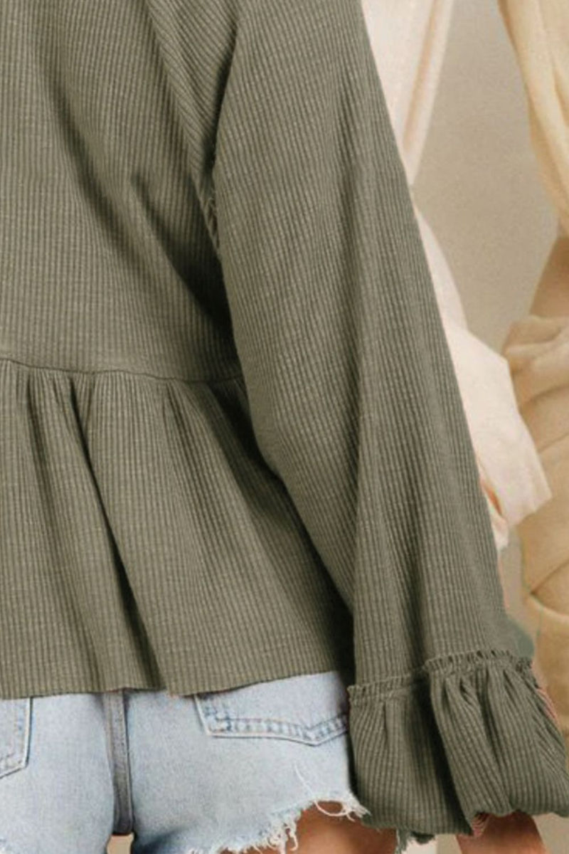 Hazel Blues® |  Notched Balloon Sleeve Peplum Blouse
