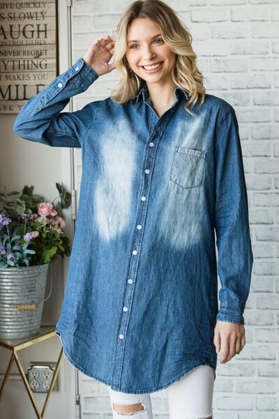 Hazel Blues® |  Veveret Pocketed Button Up Washed Denim Shirt