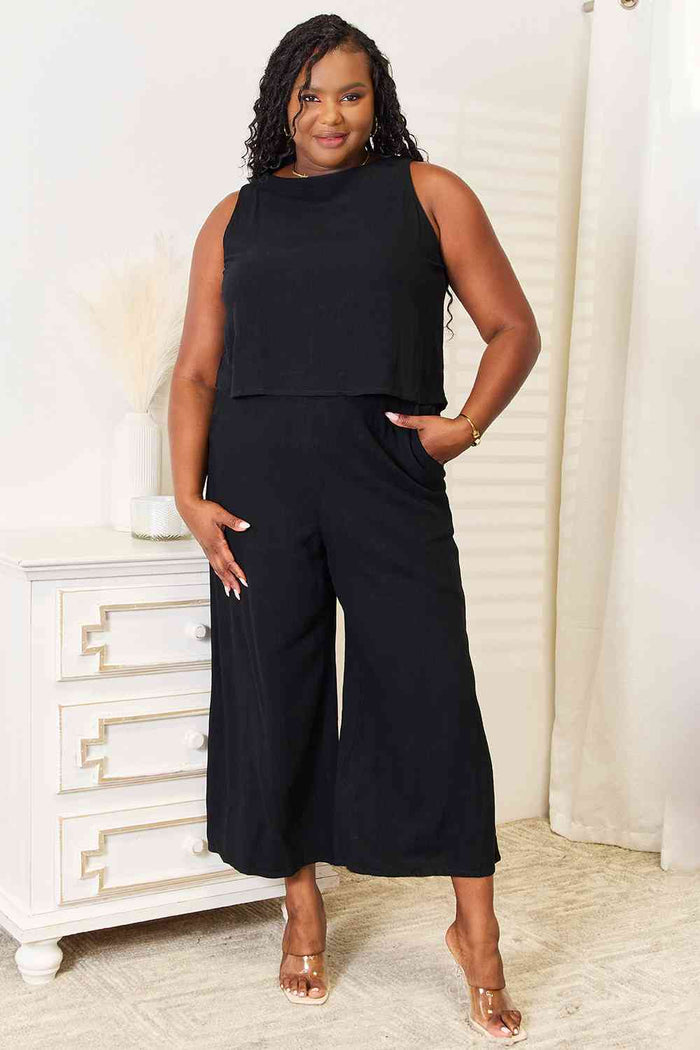 Hazel Blues® |  Double Take Buttoned Round Neck Tank and Wide Leg Pants Set