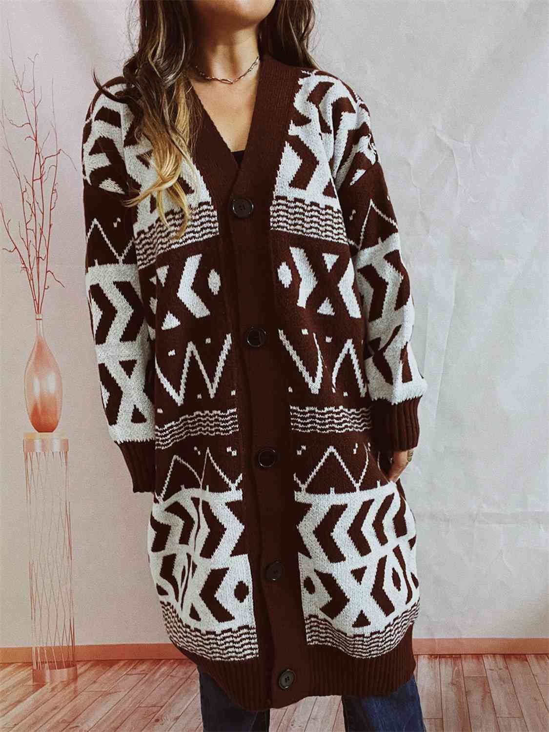 Hazel Blues® |  Geometric Button Front Longline Cardigan