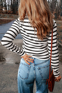 Hazel Blues® |  Double Take Striped Johnny Collar Long Sleeve Knit Top