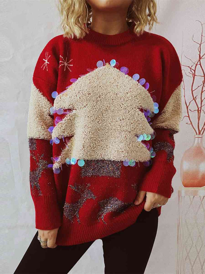 Hazel Blues® |  Sequin Christmas Tree & Reindeer Round Neck Sweater