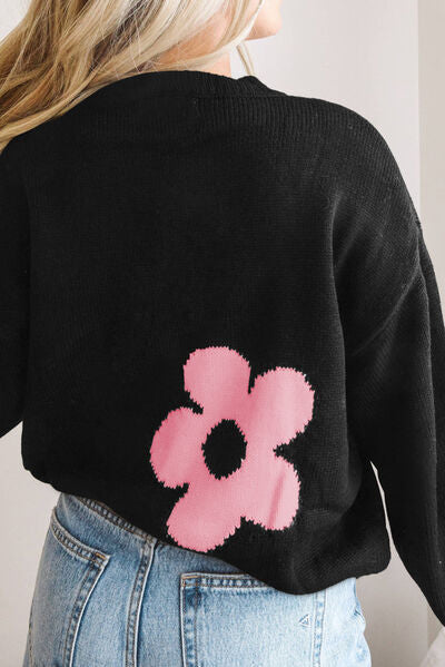 Hazel Blues® |  Round Neck Floral Pattern Color Contrast  Design Long Sleeve Sweater