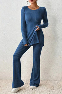 Hazel Blues® |  Ribbed Long Sleeve Slit Top and Bootcut Pants Set