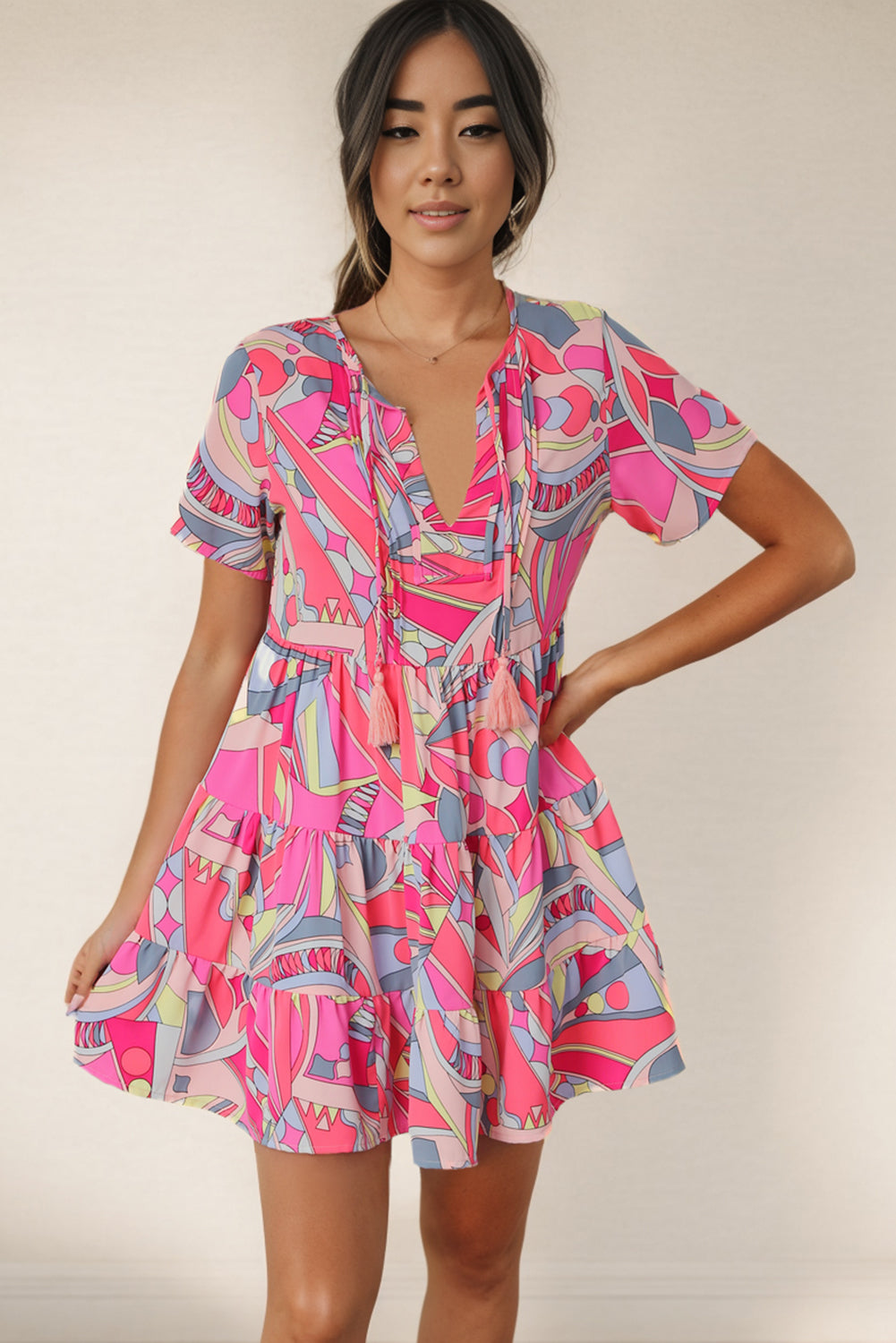 Hazel Blues® |  Multicolored Tie Neck Short Sleeve Tiered Dress